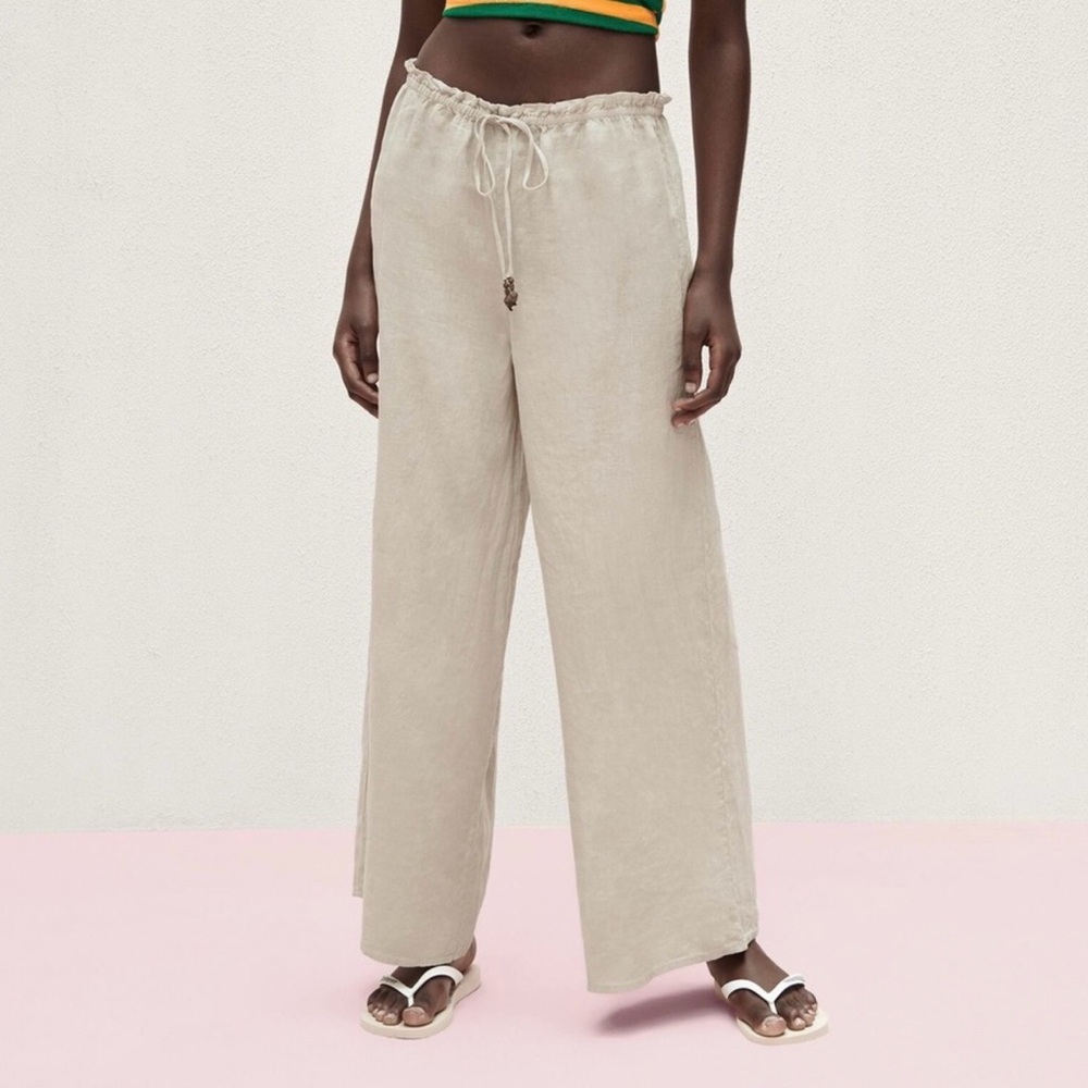 Zara Wide Leg Linen-Blend Pants in Light Beige